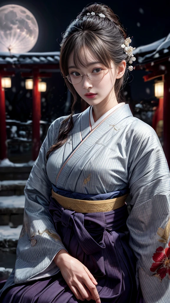 Very beautiful woman、Slender women、Round Glasses、Japanese clothing、((Hakama))、((Big Breasts))、samurai、(((night)))、((moon))、((snow))、Very beautiful woman、Slender women、(Detailed face)、Realistic skin、((Delicate photo)),(Girl Masterpiece RAW Photo Details:1.25), (Highest quality:1.6), (Ultra-high resolution:1.5), (Realistic:1.75), 8K resolution, Canon EOS R5, 50mm, Absurd, Ultra-detailed,Cinema Lighting、