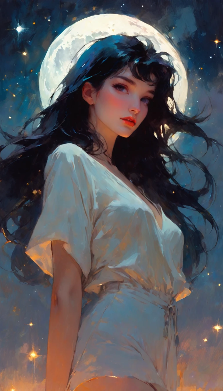 sexy girl, magic, fantastic, night sky, moon, stars, background, (simple oil painting in a style to Bill Sienkiewicz)