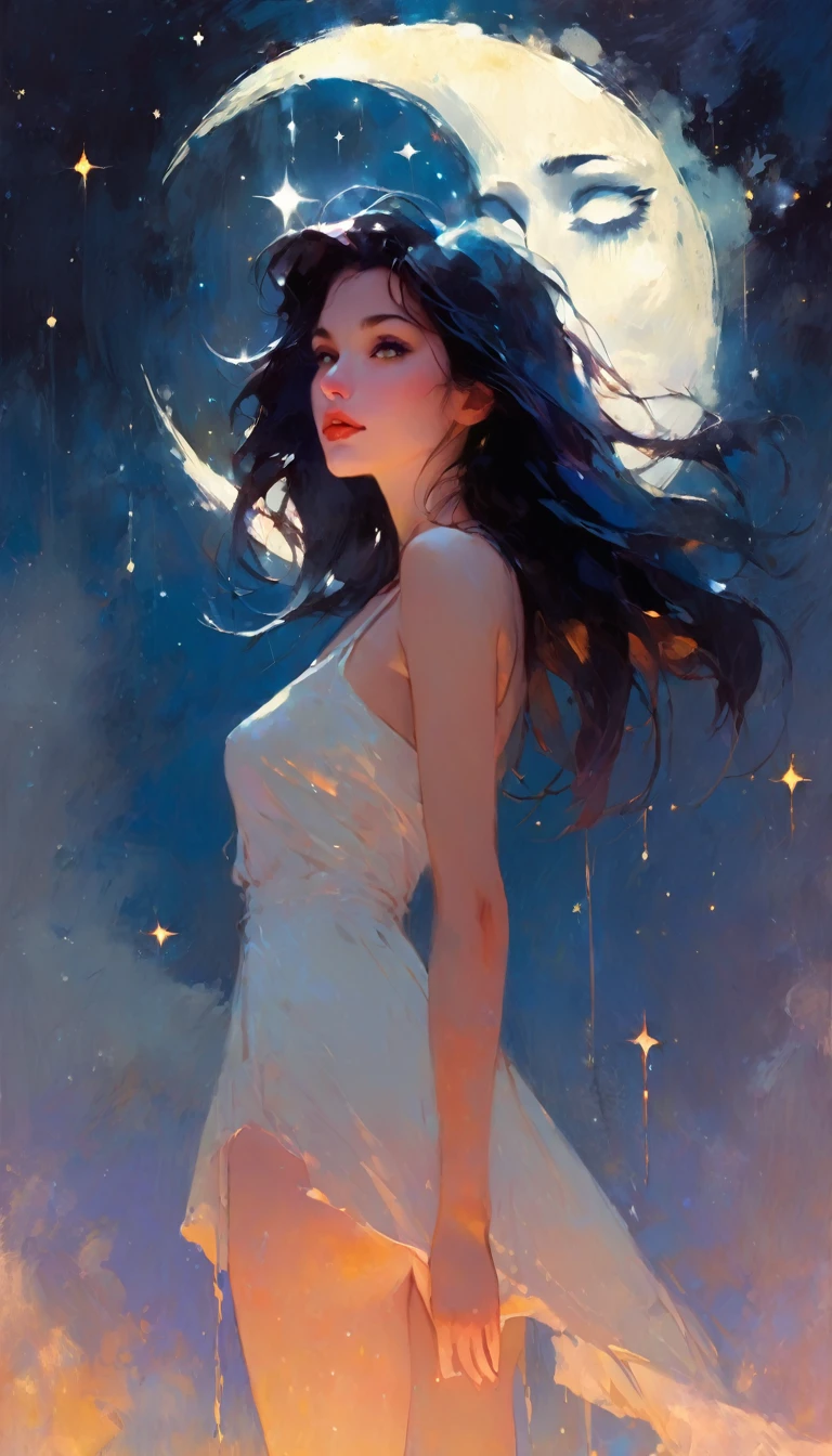 sexy girl, magic, fantastic, night sky, moon, stars, background, (simple oil painting in a style to Bill Sienkiewicz)