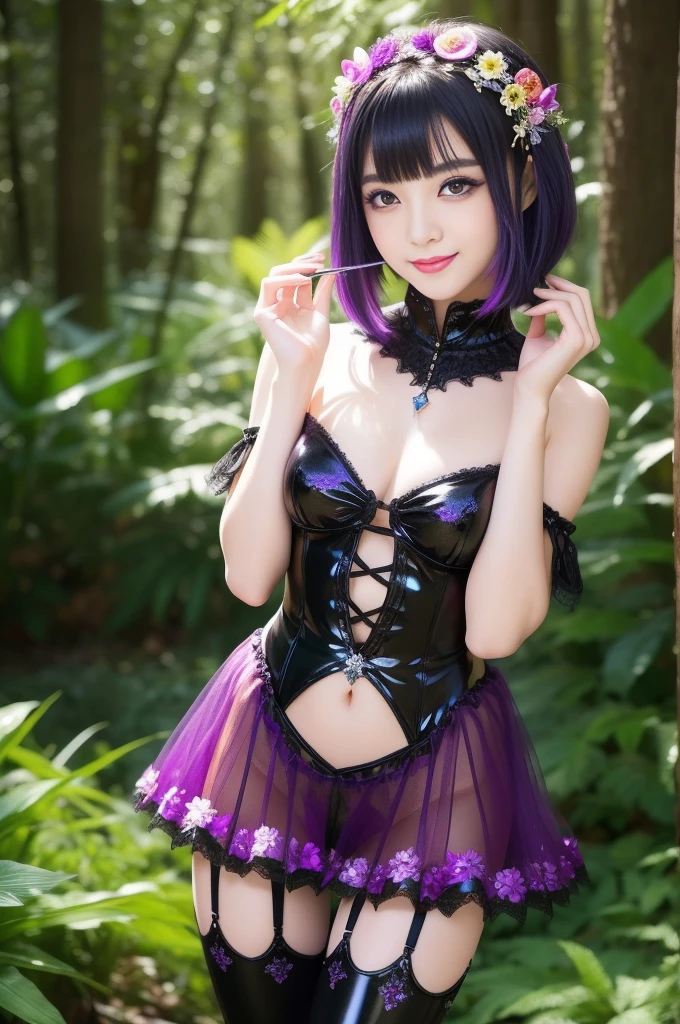 sexy Japanese model who controls poison、beautiful smile、lipgloss、long lashes、eyeliner、gothic makeup、defined eyebrows、look at the camera、full body Esbian、、sparkling poisoned enchanted flower costume、、、、shiny sparkling colorful short hair、secrete poison、skull hair accessories、sexy tights、shiny sparkling dark magic forest background