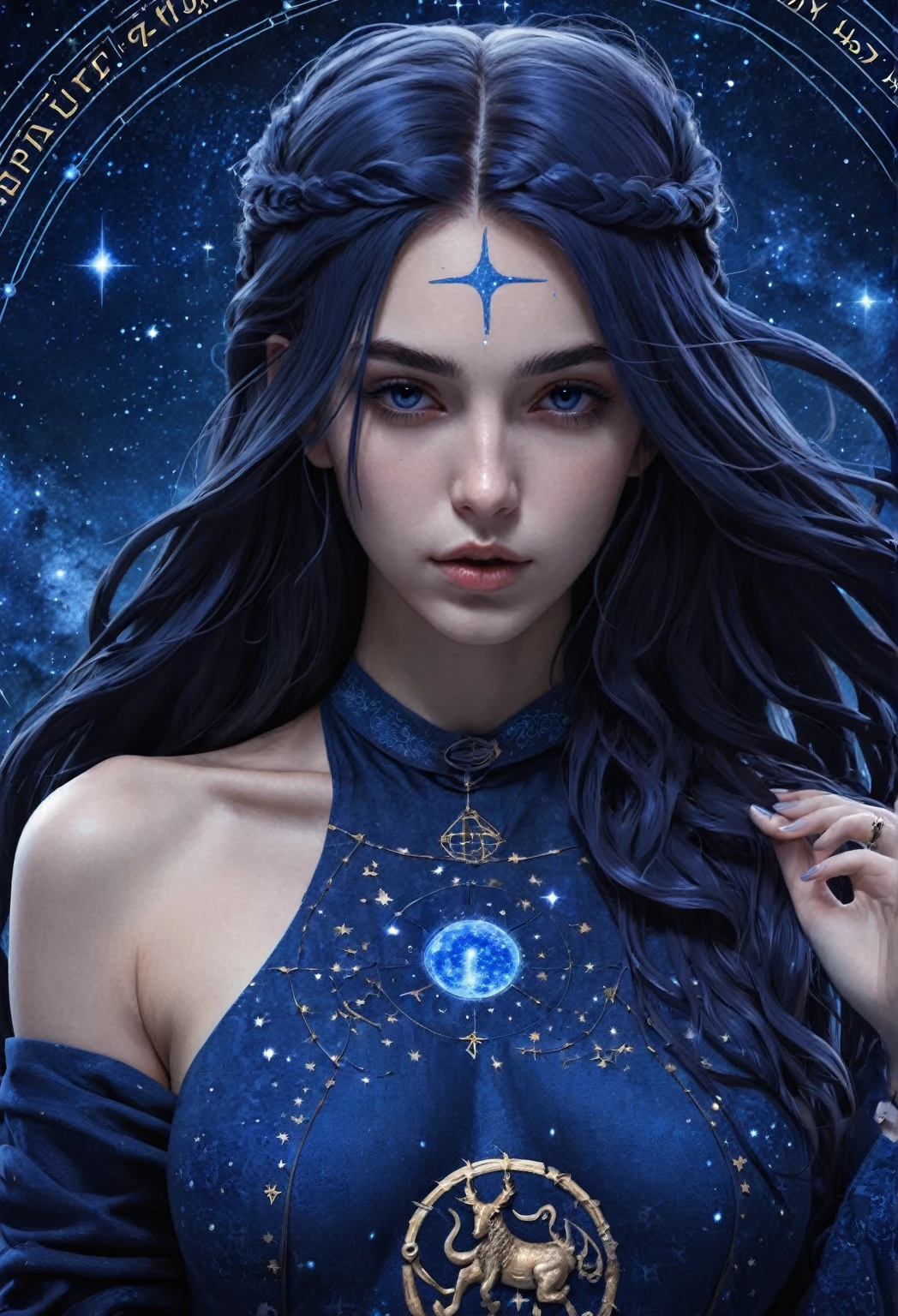 Sagitario Girl, zodiac sign representation, fantasy art, dark blue colors, HD, 8K modelo sexi. 8k