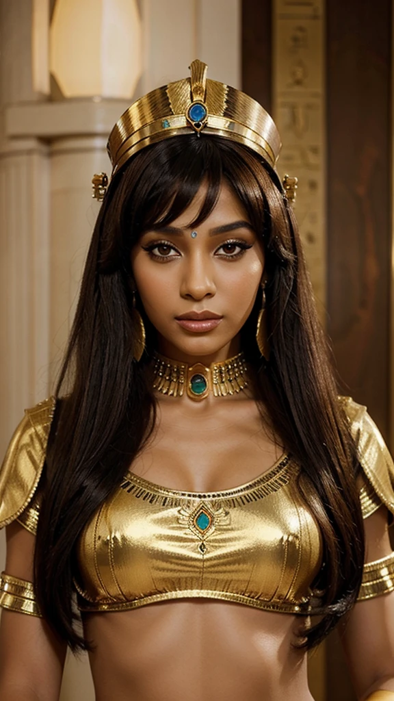 Egyptian queen Cleopatra, with classic crown, and luxurious Egyptian clothing, with decorations. brown skin color, whole body, wear a vintage wig. egyptian makeup