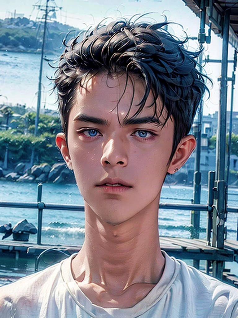 photorealistic, masterpiece, 8K, HD, portrait, closing up on face, intricate details, soft lighting, absurdres, realistic anime style, yuzuru hanyu, a handsome japanese man, student, 20 years old, cute, gentle, wistful gaze, melancholic, timid, detailed face, ocean blue eyes, dark eyes, balanced eyes, detailed eyes, looking at the sky, looking up, wearing hoodie and shirt, casual wear, fair skin, pale skin, slim, black hair, smooth hair, wavy hair, outdoors, dock, sea, waves, rocks, dawn, stars, constellation, cosmical, dreamy world, surrealism, ethereal