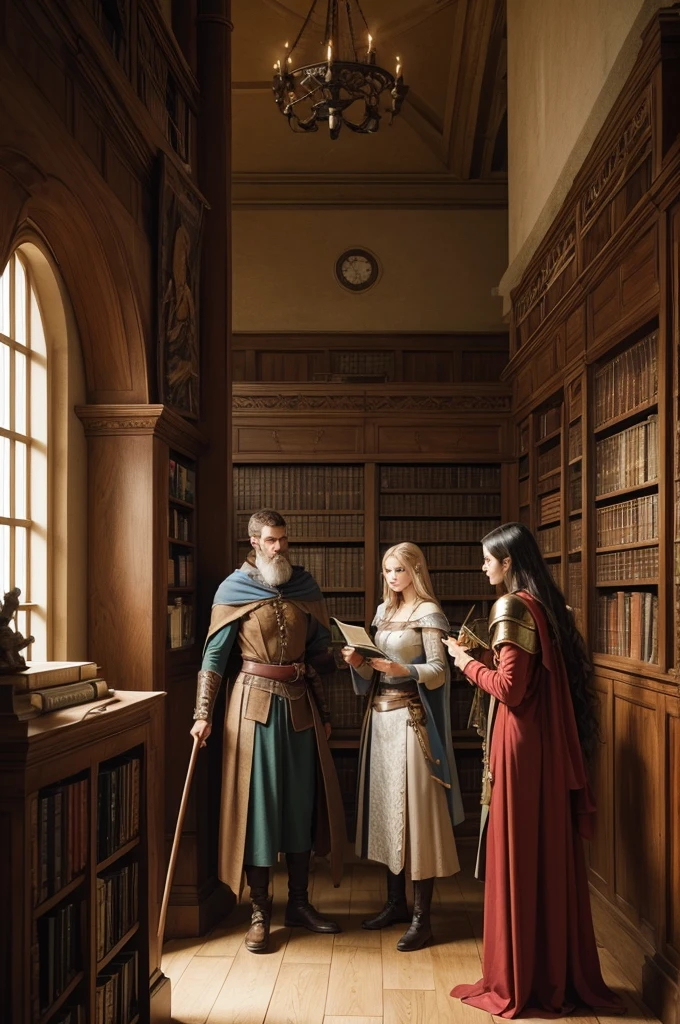 an archer, A warrior, a wizard and a witch in the library