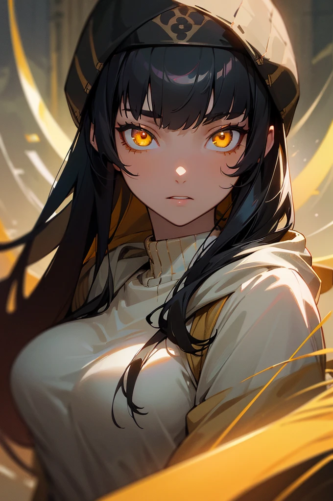 (masterpiece, best quality:1.2), (detailed skin, skin texture), best quality, highres, cinematic, cinematic lighting, sharp focus, highly detailed, 1girl, breasts, blunt bangs,black hair,very long hair, yellow eyes, (glowing eyes:1.17), hoodie, beanie, louis vuitton \(brand\),