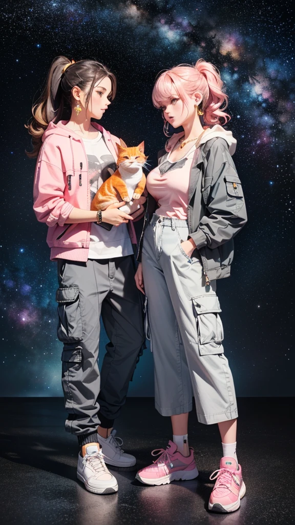 (((Holding a cute orange bantam cat in both hands)))，((Highest quality，masterpiece，Full body front view of a mature beauty with big breasts，Air bangs，Blue gray high ponytail super long straight hair，Slightly curly hair on double sideburns，Hair ends curled in，Gray and pink short T-shirt，Light blue denim gray hooded jacket，Black and gray long and wide cargo pants，Pink and white sneakers))，Simple, small and exquisite round necklace，Little star earrings，Wearing a very thin gold bracelet on the right hand，starry sky galaxy background，Look at the lens head-on