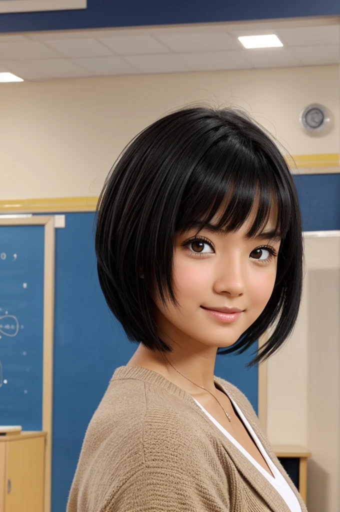 Generate an animated elementary school teacher with short black hair, Brown eyes, White skin color, At a school