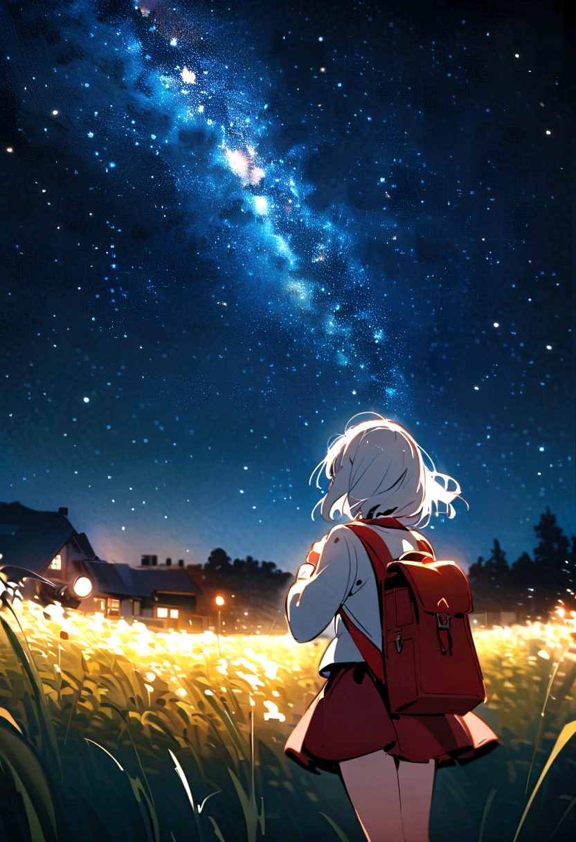 Serena&#39;s small town starry night.The beautiful white-haired girl is in the backyard,Wearing a miniskirt、I have a red bag、 Looking at the sky through a telescope. On the Horizon, An intense, bright light streaks across the sky、Falling silently on a nearby field, Illuminate the surroundings.

