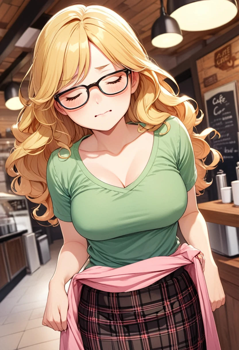 detailed illustration ,dynamic angle, ultra-detailed, detailed eyes, detailed face, 1girl, shy, long blonde hair, wavy hair, glasses, blushing, horny, holding skirt down, black plaid skirt, green shirt, pink vest, cleavage, braless, blushing, flushed, red cheeks, closed eyes, embarrassed, standing, cafe, hard nipples