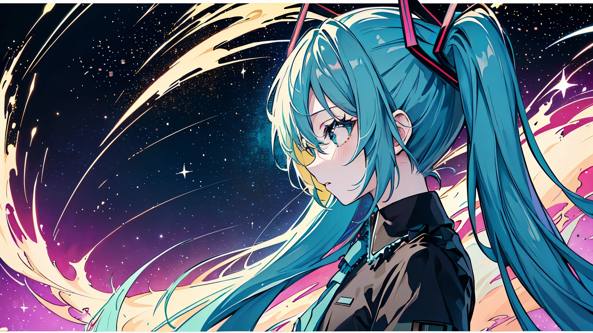 masterpiece、highest quality、highest quality,((High resolution)),(8K),((Hatsune Miku)), ((((dramatic)))、(((intense)))、official art、(1 girl:1.3)、(fractal art:1.3)、Upper body、From the side、looking at the viewer、pattern、glitch、night sky,starry sky,universe,Tastes like a movie poster with a young woman as the main character。colorfulなパーカー,He has a determined look on his face.。sparkling particles,The color palette is mainly dark colors、There are splashes of dark color,Snazzy, vibrant, Pause, front, colorful, dynamic, With background, element, majestic, coiled, surroundings, touch, scene, That&#39;s bold, to attract attention, cross ornament