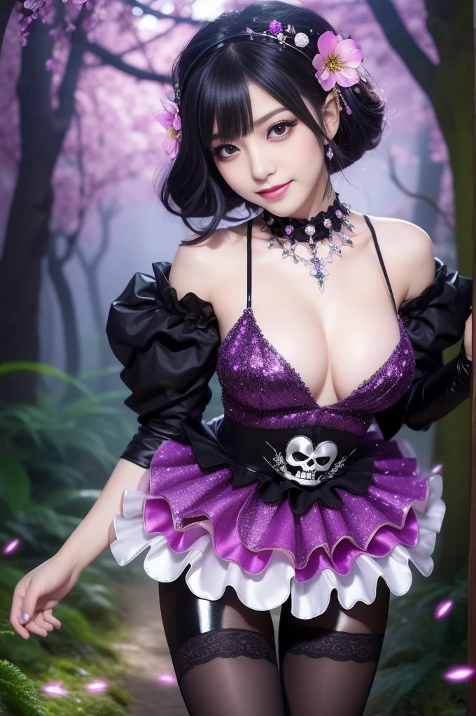 sexy Japanese model who controls poison、beautiful smile、lipgloss、long lashes、eyeliner、gothic makeup、defined eyebrows、look at the camera、full body Esbian、、sparkling poisoned enchanted flower costume、、、、shiny sparkling colorful short hair、secrete poison、skull hair accessories、sexy tights、shiny sparkling dark magic forest background