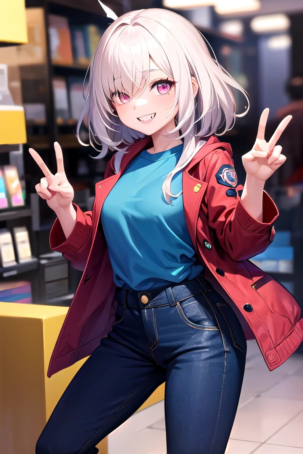 1girl, pink eyes, short white hair, right eye covered by hair, blue shirt, red jacket, gray pants, shop, detailed fingers, smiling, sharp teeth, crazy, standing