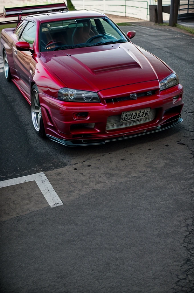 Full body show, self photo view, Zendaya, full breasts,curly hair, bright smile, wearing a short red dress, lightly leaning on the hood of a Nissan Skyline r34 detalhado somente 1 carro