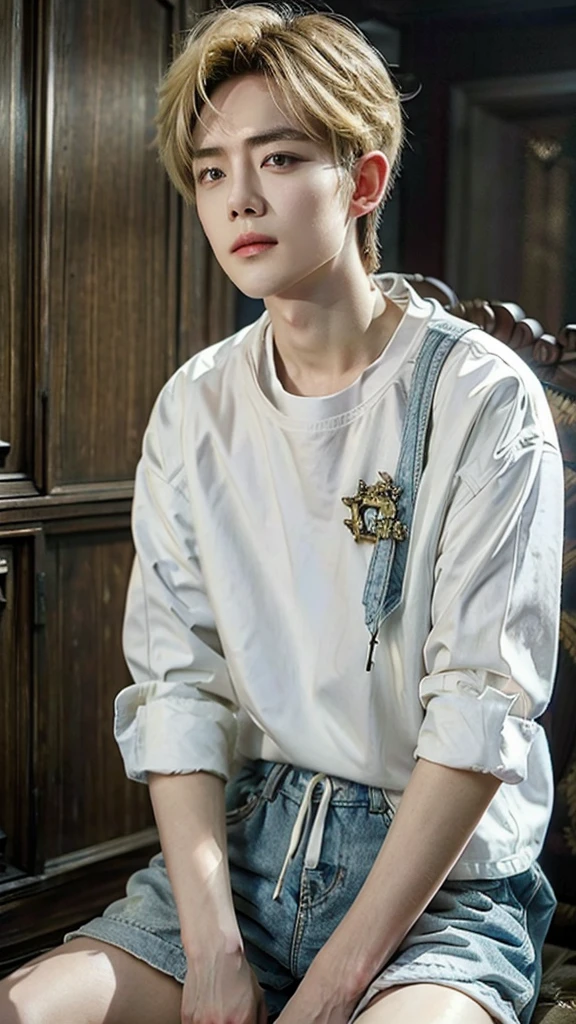 8k, Masterpiece, high quality, Young guy, androgynous prince, ulzzang, blonde hair, cabello rubio, asian, asian boy, shorts