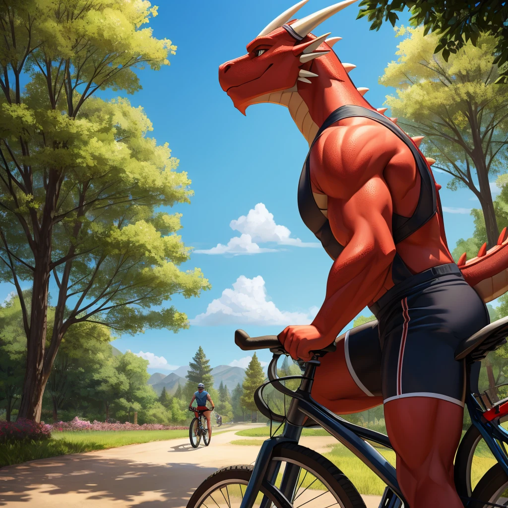 muscular red dragon with spikes
along its head, drinking water from a
bottle. The dragon is wearing
semi-transparent shorts that subtly
outline of his penis, extending from the
groin to the right thigh. He is leaning
on a bicycle, with the scene set in a
park-like environment. In the
background, a dog wearing a helmet
is riding a bicycle, gazing up at the
dragon with a fascinated expression
The overall setting should capture a
sunny, outdoor atmosphere with
scattered trees and a clear blue sky.
