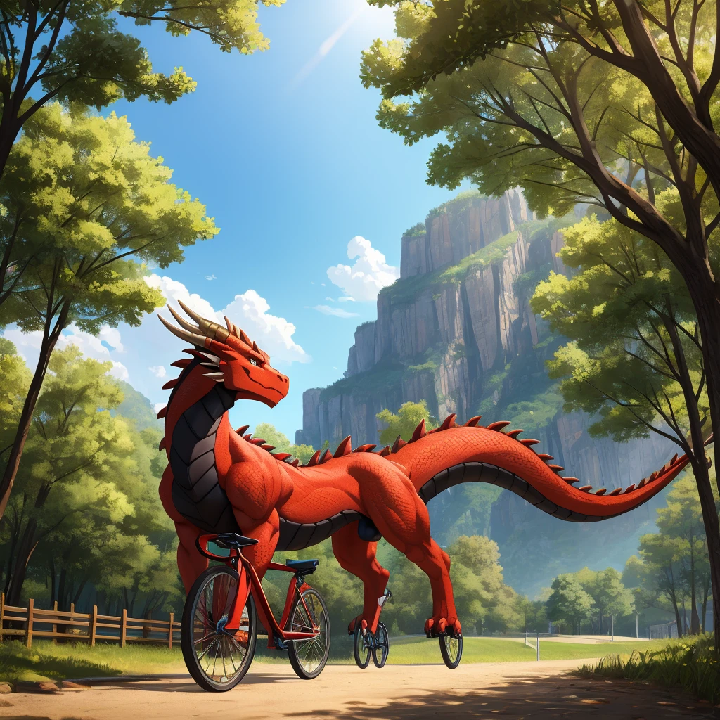 muscular red dragon with spikes
along its head, drinking water from a
bottle. The dragon is wearing
semi-transparent shorts that subtly
outline of his penis, extending from the
groin to the right thigh. He is leaning
on a bicycle, with the scene set in a
park-like environment. In the
background, a dog wearing a helmet
is riding a bicycle, gazing up at the
dragon with a fascinated expression
The overall setting should capture a
sunny, outdoor atmosphere with
scattered trees and a clear blue sky.