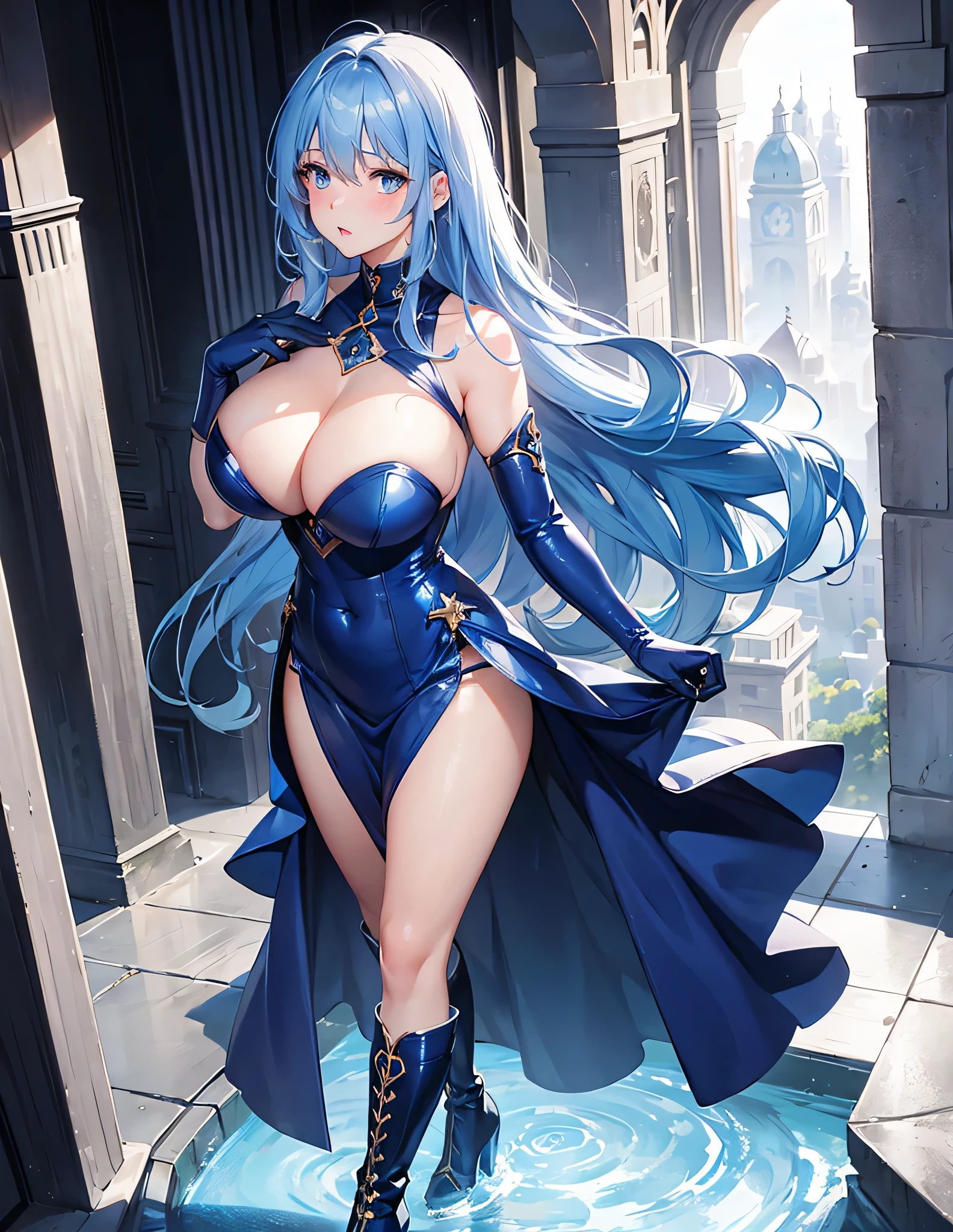 Full body, beautiful blue eyes, blush, cute face, (1 cute woman, solo: 1.1), lips, parted lips, gigantic breasts, beautiful background, blue hair, blue dress, blue elbow gloves, blue high heel boots, naked shoulders