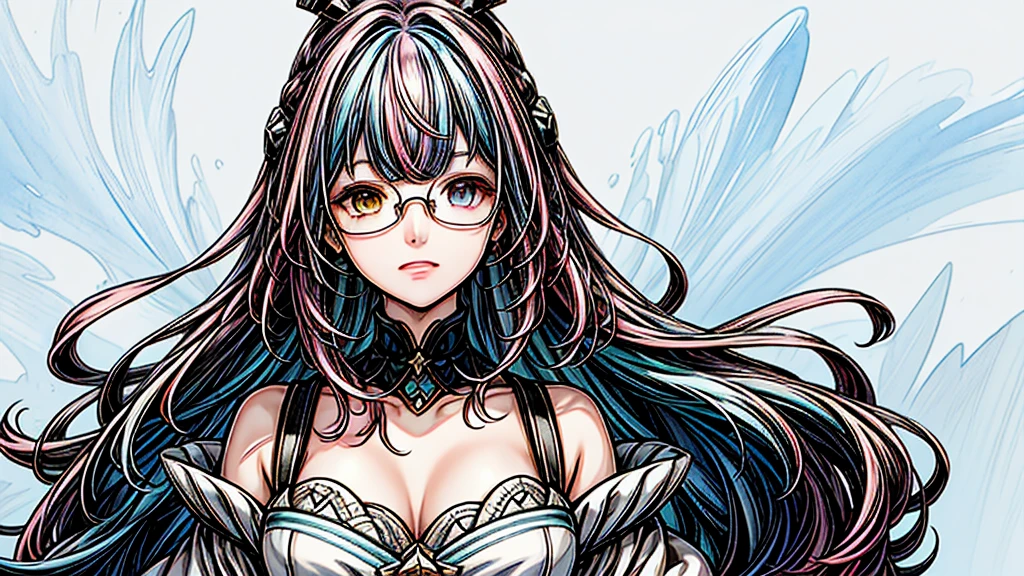 (Masterpiece ,、maximum quality、maximum quality、watercolor art(during)、Official Art、beautiful and aesthetic:1.2)、(1 girl:1.3)、(fractal art:1.3)、whole body、pupilas en forma de Star,、pattern、((Iridescent hair、colorful hair、half blue and half pink hair:1.2))、water、liquid、clouds、showy、noche Starda、Star、angry face、glasses、Write、heterochromia, (showy:1.5)、galaxiairando las Stars、anger