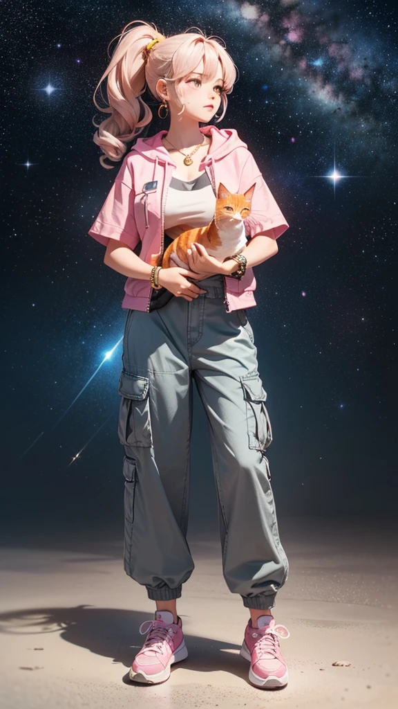 (((Holding a cute orange bantam cat in both hands))),((Highest quality,masterpiece,Full body front view of a mature beauty with big breasts,Air bangs,Blue gray high ponytail super long straight hair,Slightly curly hair on double sideburns,Hair ends curled in,Gray and pink short T-shirt,Light blue denim gray hooded jacket,Black and gray long and wide cargo pants,Pink and white sneakers)),Simple, small and exquisite round necklace,Little star earrings,Wearing a very thin gold bracelet on the right hand,starry sky galaxy background,Look at the lens head-on