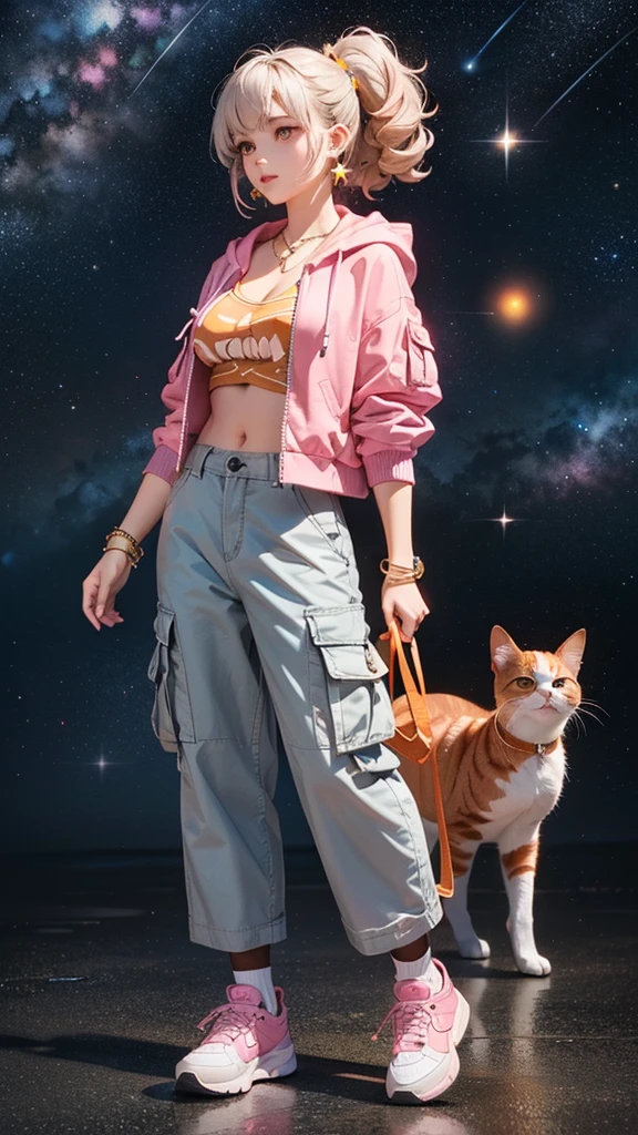 (((Holding a cute orange bantam cat in both hands))),((Highest quality,masterpiece,Full body front view of a mature beauty with big breasts,Air bangs,Blue gray high ponytail super long straight hair,Slightly curly hair on double sideburns,Hair ends curled in,Gray and pink short T-shirt,Light blue denim gray hooded jacket,Black and gray long and wide cargo pants,Pink and white sneakers)),Simple, small and exquisite round necklace,Little star earrings,Wearing a very thin gold bracelet on the right hand,starry sky galaxy background,Look at the lens head-on