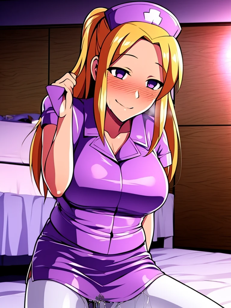 (Tabletop, Highest quality, Very detailed), One Girl, Purple eyes, Blonde, Dark Skin, Twin tails、((nurse's uniform))、((White Pantyhose))、Pencil Skirt、(Bedroom)、M-shaped sitting、(Place your hands behind your head)、(Spread your legs)、(Pee)、Wet、blush、Naughty smile、Sweaty、Fellatio gestures、Jerking off gesture