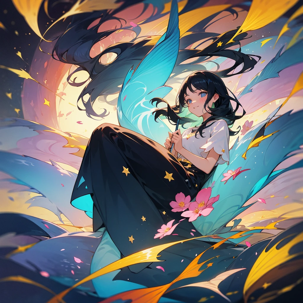 create an image, of a girl with medium long black hair playing with flowers and fish, something magical and deep, magical and fun atmosphere, happy girl in a beautiful dress, In the universe, dark and bright stars