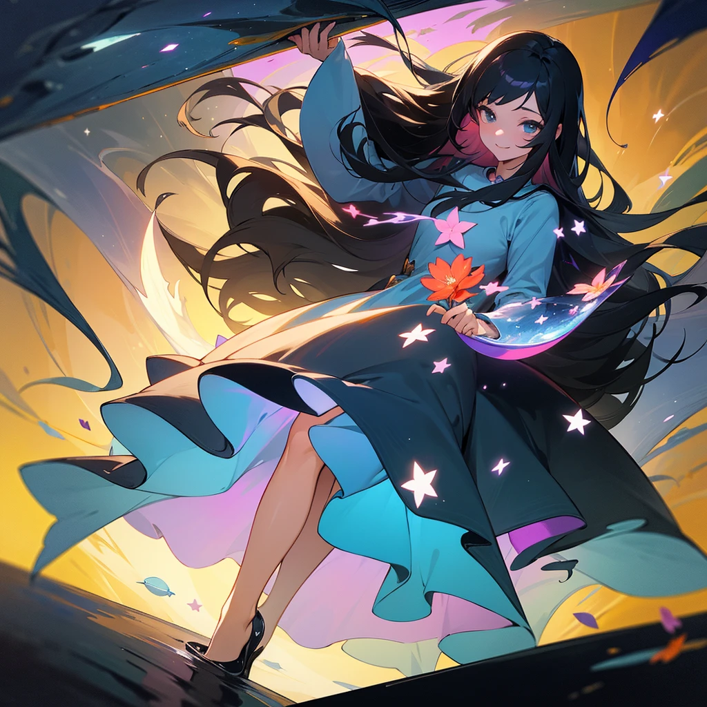 create an image, of a girl with medium long black hair playing with flowers and fish, something magical and deep, magical and fun atmosphere, happy girl in a beautiful dress, In the universe, dark and bright stars