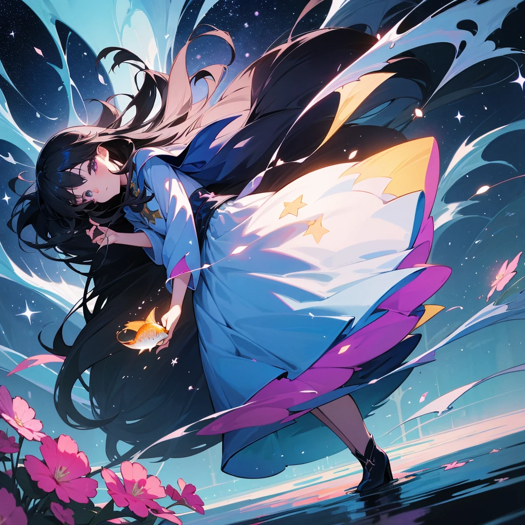 create an image, of a girl with medium long black hair playing with flowers and fish, something magical and deep, magical and fun atmosphere, happy girl in a beautiful dress, In the universe, dark and bright stars