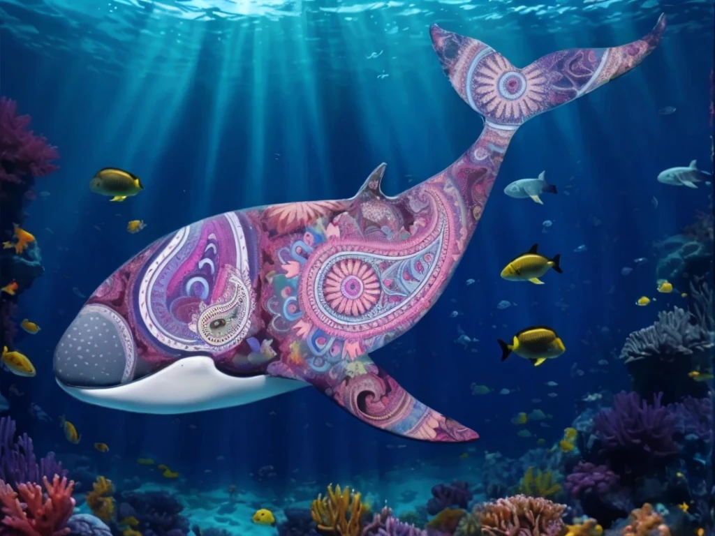 very bold intense deeply saturated colorful paisley whale, crisp edges