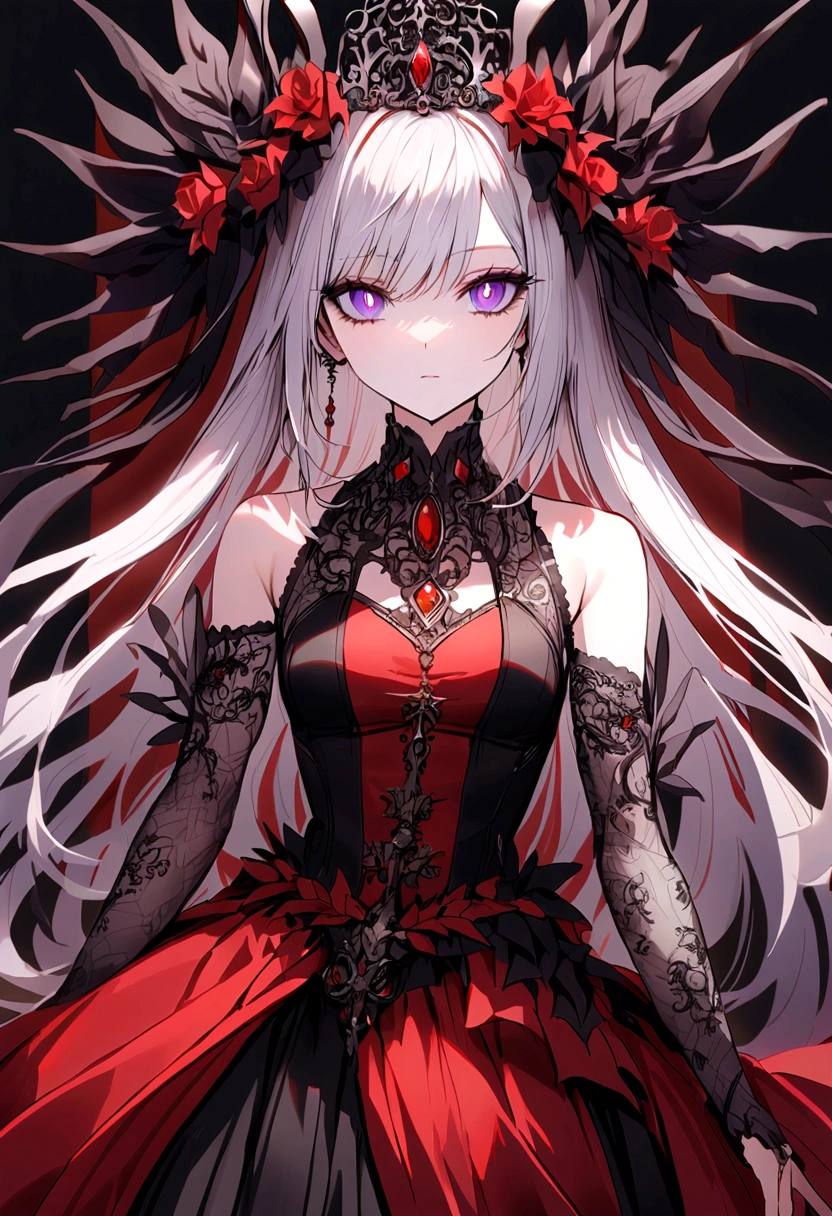 young  female，Black and red swimsuit，Purple pupils，white long hair.