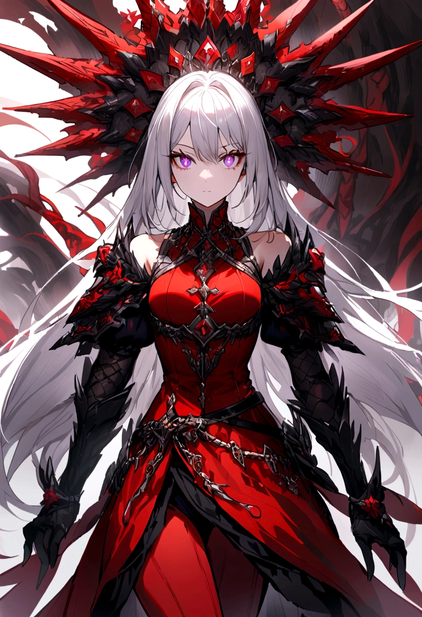 young female,Black and red swimsuit,Purple pupils,white long hair.