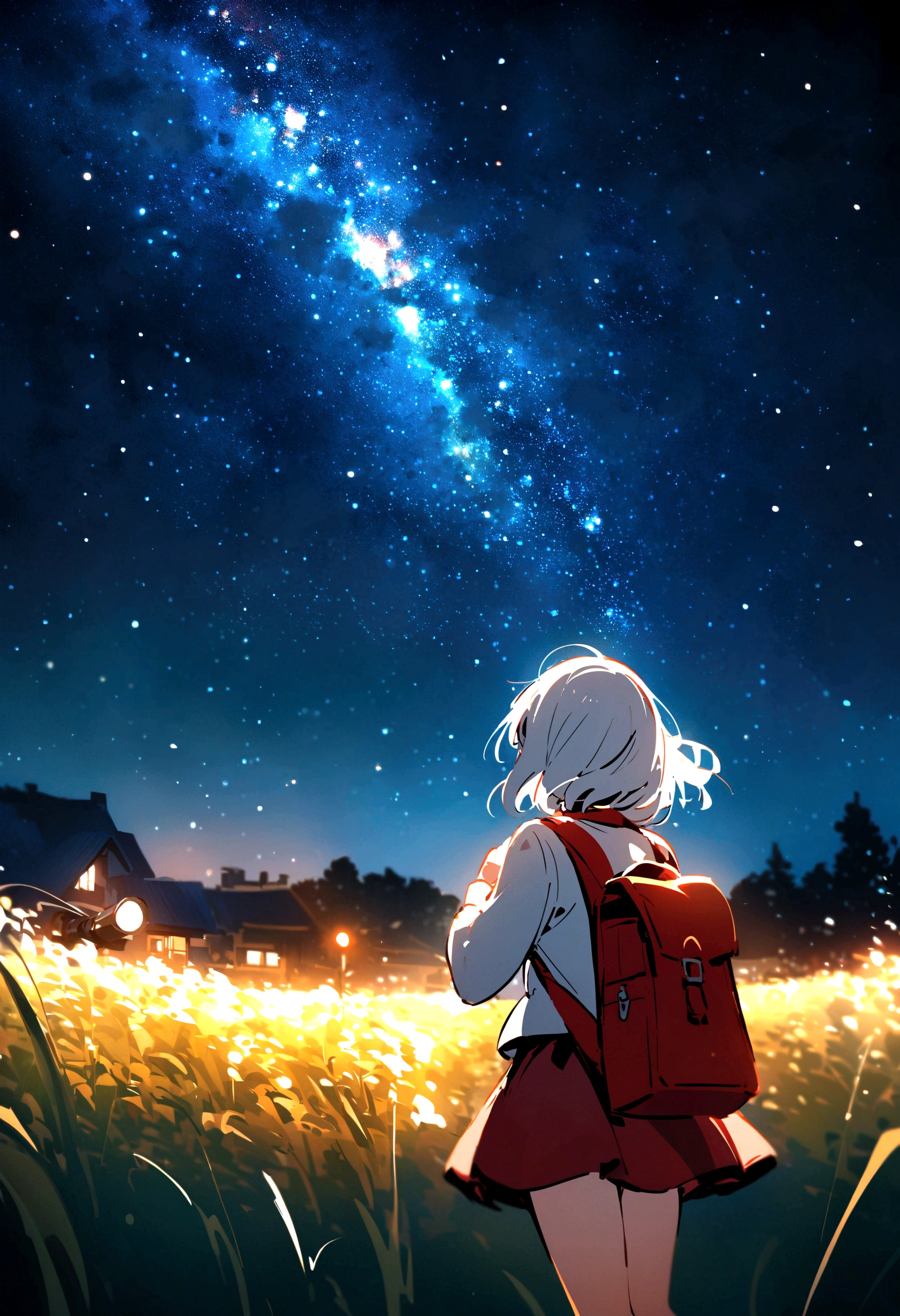 Serena's small town starry night.The beautiful white-haired girl is in the backyard,Wearing a miniskirt、I have a red bag、 Looking at the sky through a telescope. On the Horizon, An intense, bright light streaks across the sky、Falling silently on a nearby field, Illuminate the surroundings.