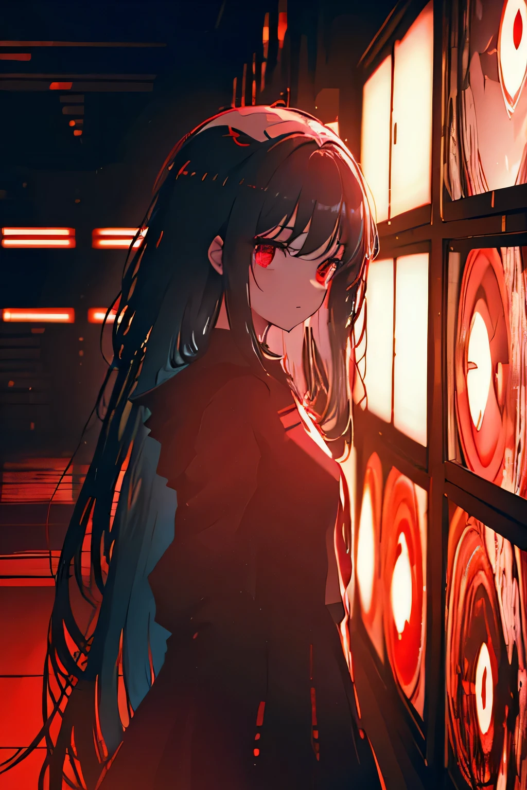 masterpiece ,woman with red eyes stands in front of the window, beautiful eyes are visible on the large monitor screen in the background, Girl in the center, silhouette of a girl in the center, red lighting, Red eyes, blood, detailed, Glowing, dim room, lighting from screens, monitor panels, which depict girls, eyes are visible on the monitor panels, many eyes, long hair, screen panels, in the room, тусклое long hair, hair glows, well lit, detailed, detailed lighting, well lit hair, well-lit face, looking at the viewer, Semi-dark room, monitor panels, which depicts a girl, impassive facial expression, eyes on the monitor screen