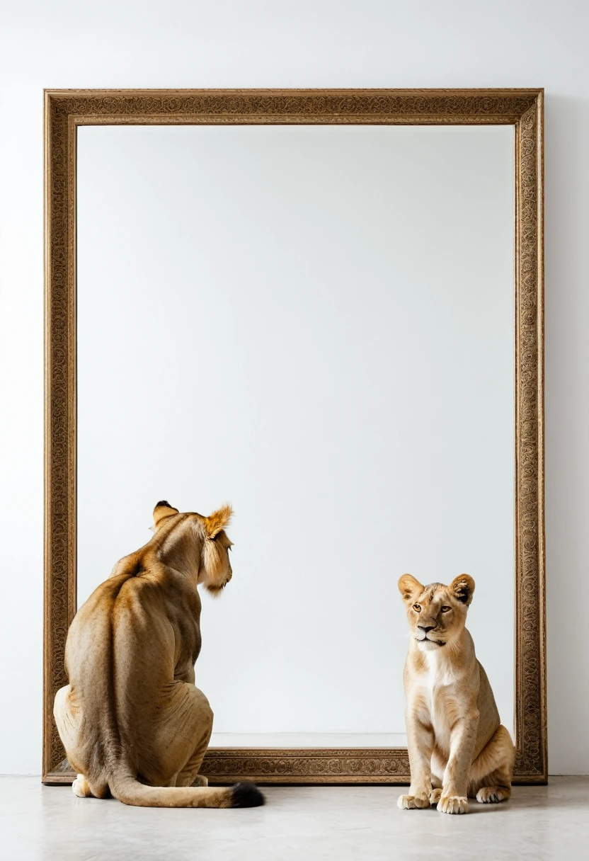 In white background. One line cat looking at a lion in a mirror