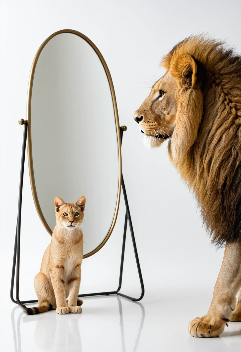 In white background. One line cat looking at a lion in a mirror