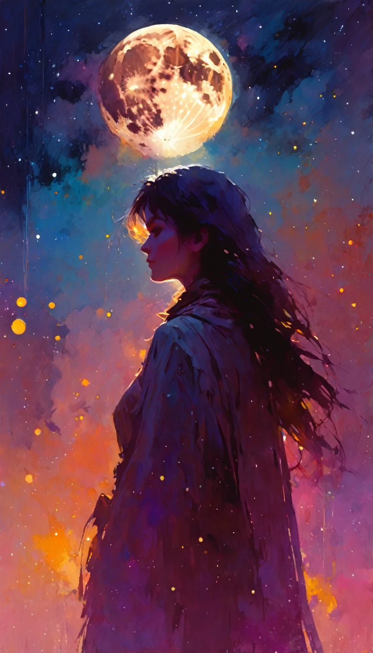 magic, fantastic, night sky, moon, stars, background, (simple oil painting in a style to Bill Sienkiewicz)