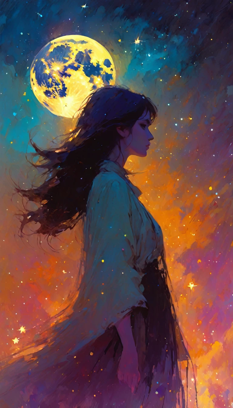 magic, fantastic, night sky, moon, stars, background, (simple oil painting in a style to Bill Sienkiewicz)