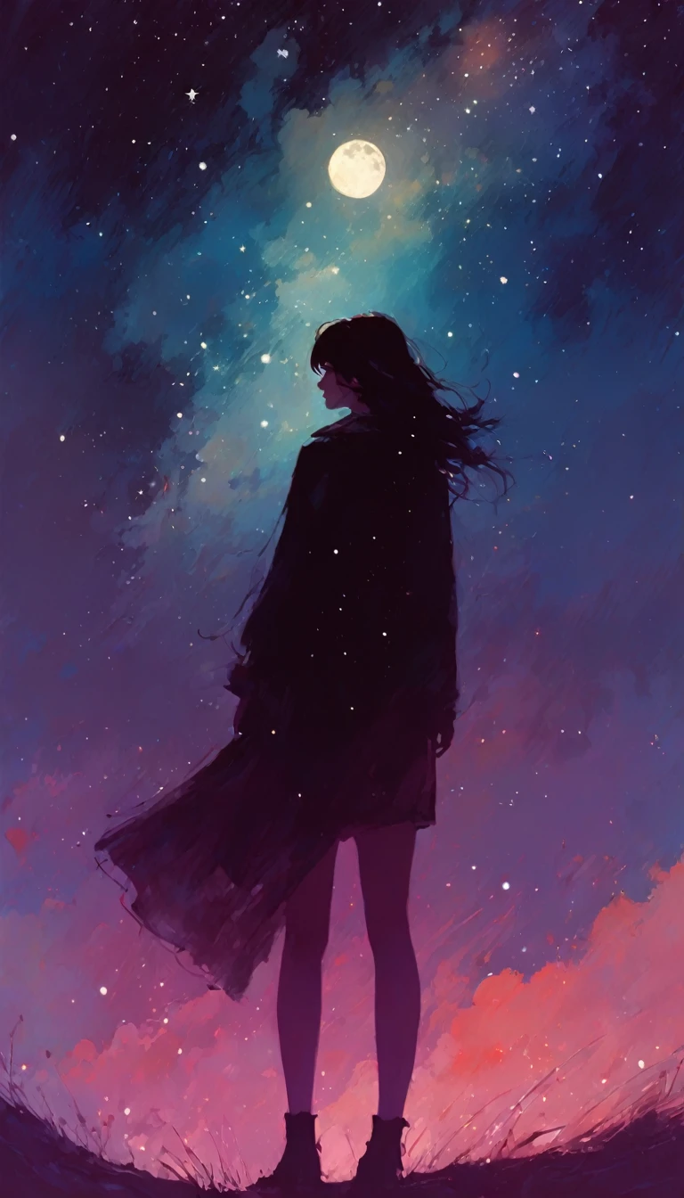 magic, fantastic, night sky, moon, stars, background, (simple oil painting in a style to Bill Sienkiewicz)