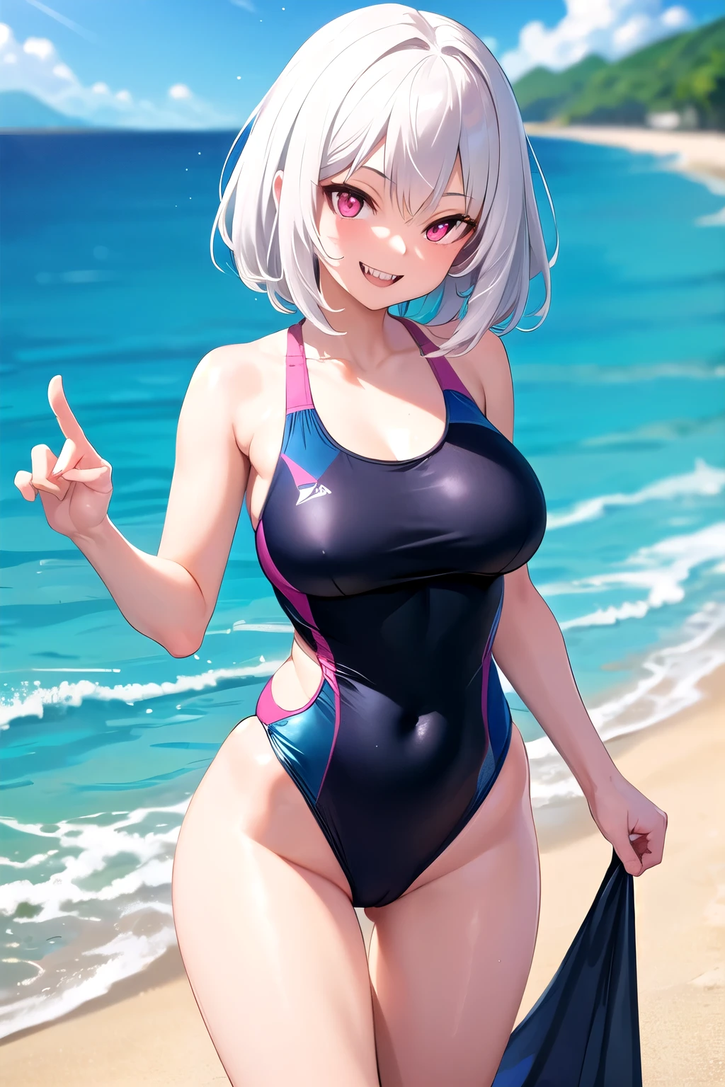 1girl, pink eyes, short white hair, white hair, swimsuit, beach, detailed fingers, smiling, sharp teeth, crazy, standing