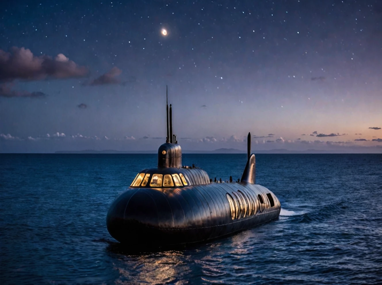 coast of Madagascar, Madagascar, nautilus submarine on the ocean in the distance, outdoors ocean at night, realistic scenery. very wide shot, landscape, film, professional