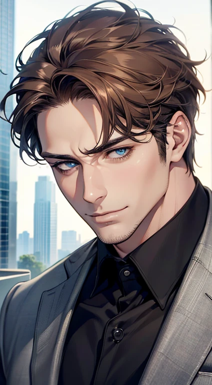 (best quality,4k,8k,highres,masterpiece:1.2),ultra-detailed,(realistic,photorealistic,photo-realistic:1.37),1 man,31 years old,mature man,very handsome,without expression,smile,short grey brown hair,blue eyes,penetrating gaze,perfect face without errors,imposing posture,businessman,office background,cinematic lighting,hdr image