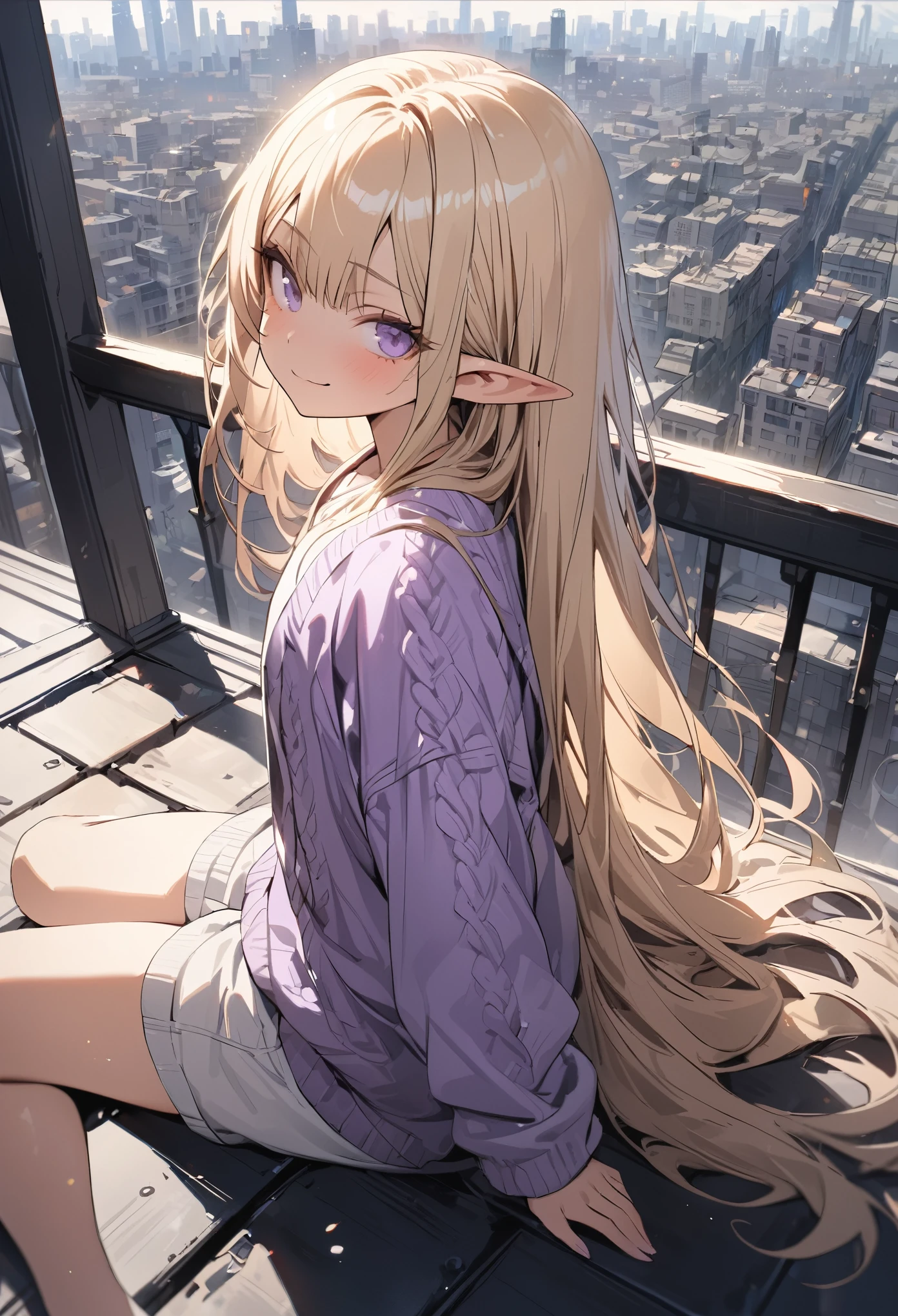 ((Masterpiece)), ((best quality)), (ultra-detailed), ((kawaii)), ((extremely detailed)), 4K, (8K), (super detail:1.2),(High Definition:1.3), (Professional Photography:1.2), (wide shot), cinematic lighting, (sharp focus), (perfect light), ((1girl)), ((12 years old)), cute young girl, from side, (very smug), (Beautiful purple eyes:1.2), (dark skin), elf girl, wearing long cardigan, slender waist, (long bangs), very long bangs, Shiny unruly hair, long hair, ((beautiful blond hair)), shortpants, BREAK, ((best quality)), ((extremely detailed)), (loose sitting on the rooftop), the paris cityscape, Metropolis spreading out below, (Metropolis),