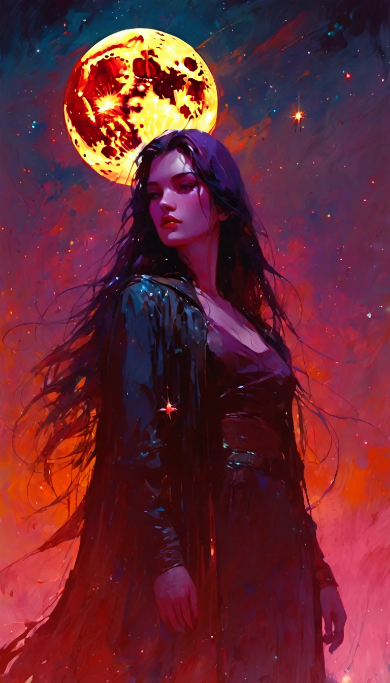 blood, magic, fantastic, night sky, moon, stars, background, (simple oil painting in a style to Bill Sienkiewicz)
