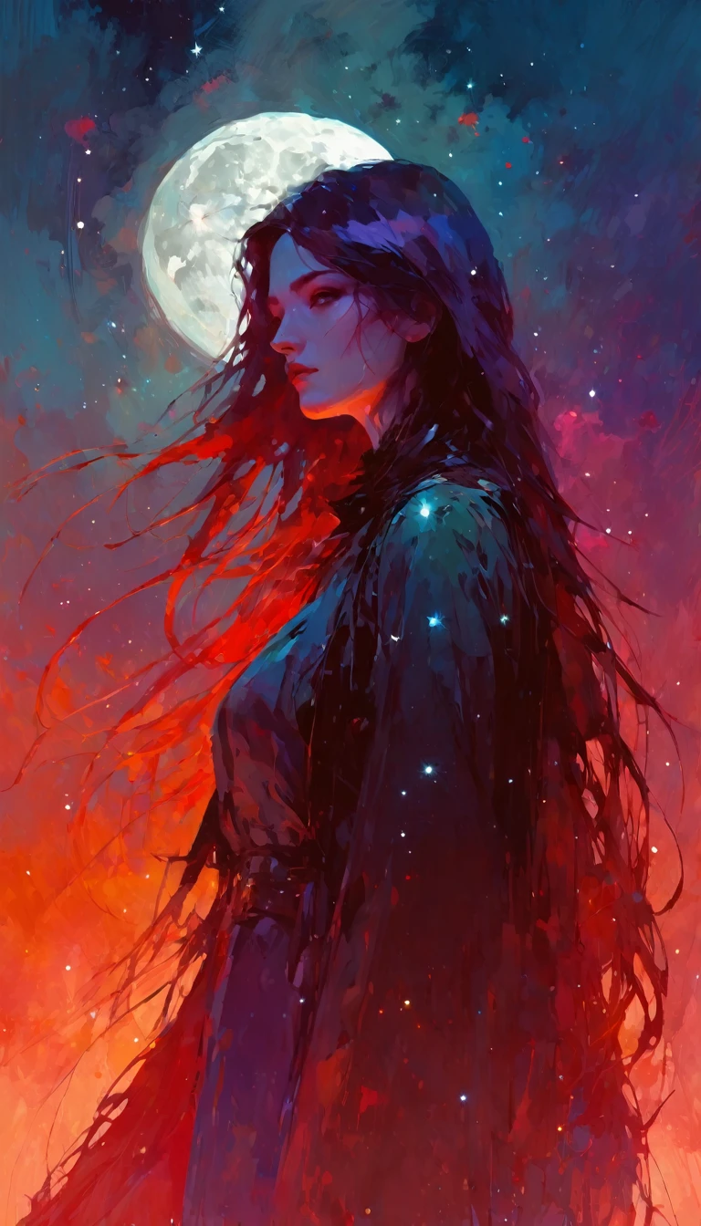 blood, magic, fantastic, night sky, moon, stars, background, (simple oil painting in a style to Bill Sienkiewicz)