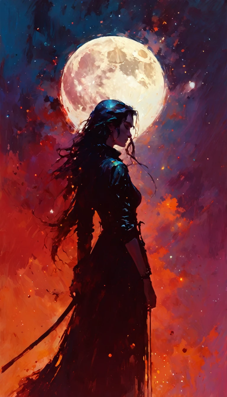 blood, magic, fantastic, night sky, moon, stars, background, (simple oil painting in a style to Bill Sienkiewicz)
