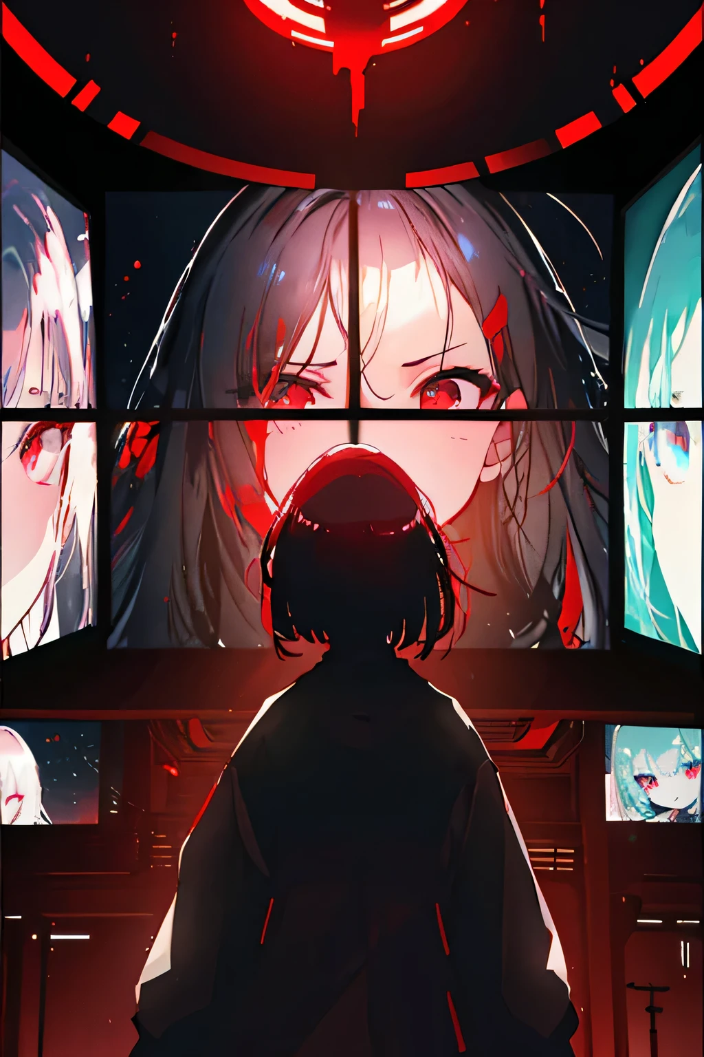 masterpiece ,woman with red eyes stands in front of the window, beautiful eyes are visible on the large monitor screen in the background, Girl in the center, silhouette of a girl in the center, red lighting, Red eyes, blood, detailed, Glowing, dim room, lighting from screens, monitor panels, which depict girls, eyes are visible on the monitor panels, many eyes, long hair, screen panels, in the room, тусклое long hair, hair glows, well lit, detailed, detailed lighting, well lit hair, well-lit face, looking at the viewer, Semi-dark room, monitor panels, which depicts a girl, impassive facial expression, eyes on the monitor screen