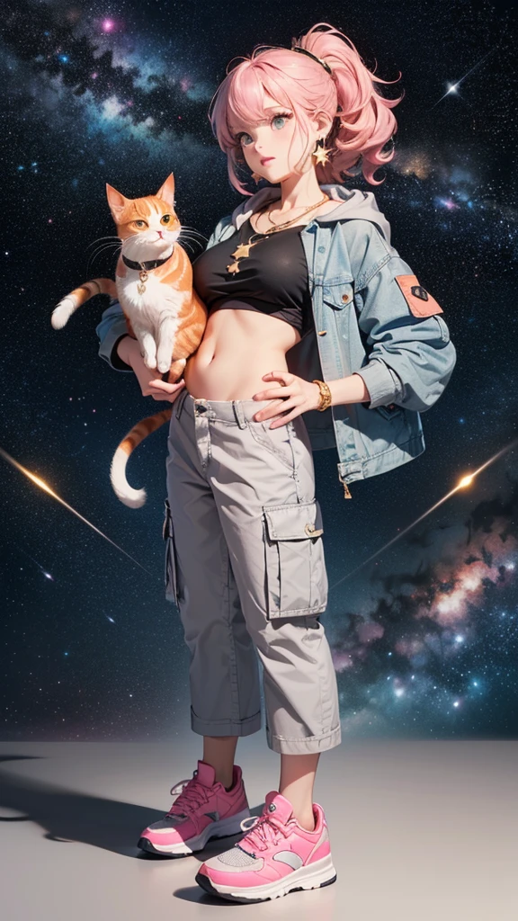 (((Holding a cute orange bantam cat in both hands))),((Highest quality,masterpiece,Full body front view of a mature beauty with big breasts,Air bangs,Blue gray high ponytail super long straight hair,Slightly curly hair on double sideburns,Hair ends curled in,Gray and pink short T-shirt,Light blue denim gray hooded jacket,Black and gray long and wide cargo pants,Pink and white sneakers)),Simple, small and exquisite round necklace,Little star earrings,Wearing a very thin gold bracelet on the right hand,starry sky galaxy background,Look at the lens head-on
