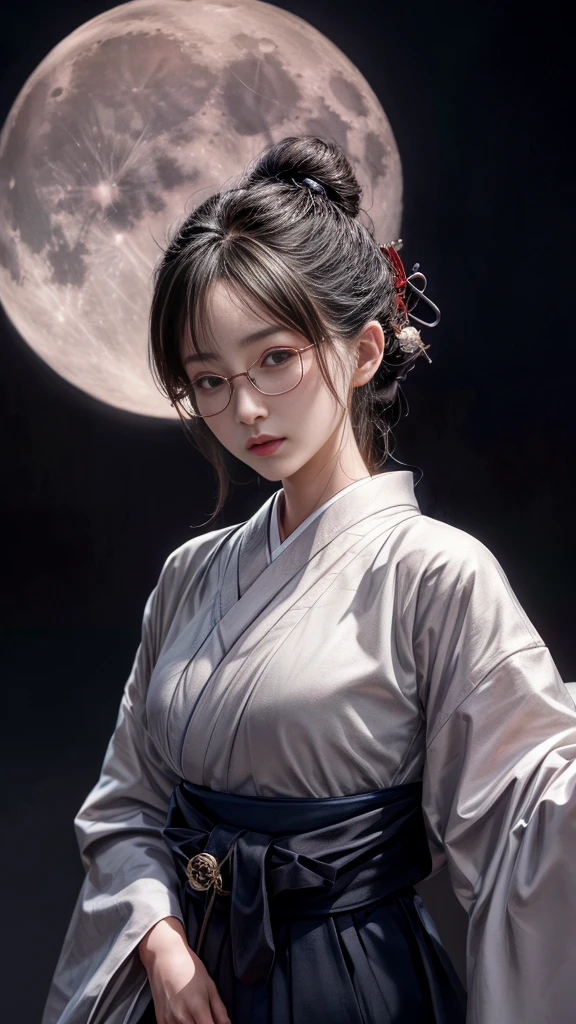 Very beautiful woman、Slender women、Round Glasses、Japanese clothing、((Hakama))、((Big Breasts))、samurai、(((night)))、((moon))、((snow))、Very beautiful woman、Slender women、(Detailed face)、Realistic skin、((Delicate photo)),(Girl Masterpiece RAW Photo Details:1.25), (Highest quality:1.6), (Ultra-high resolution:1.5), (Realistic:1.75), 8K resolution, Canon EOS R5, 50mm, Absurd, Ultra-detailed,Cinema Lighting、