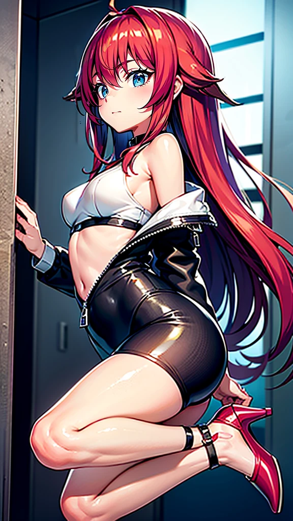 Rias Gremory was brainwashed  female、Sexy proportions、Sexy、Narrow waist、Wear a high-neck zipper-up off-the-shoulder top、Wear colorful leggings、Wear high heels、I&#39;m halfway across a stone bridge over a river in a lush countryside.、Leaning on the railing、View of the river、smile、Beautiful blue sky、Cinematic light effects、loliDiffusi