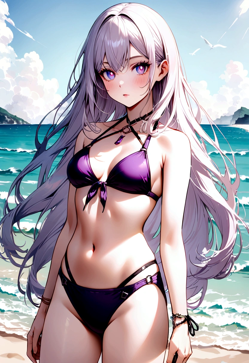 young female, swimsuit,Purple pupils,white long hair, at beach.